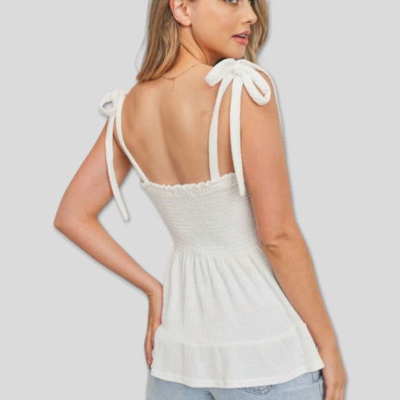 Paper Crane Small White Smocked Tie Strap Peplum Sleeveless Waffle Top - Picture 1 of 16